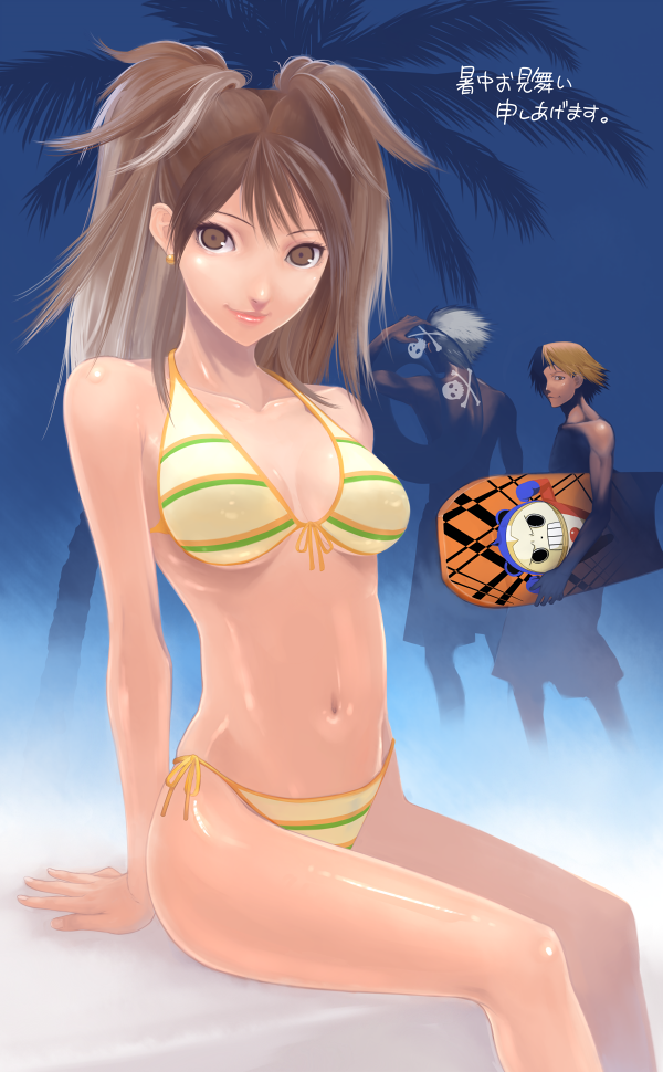 izumi (walnov), hanamura yousuke, kujikawa rise, kuma (persona 4), tatsumi kanji, atlus, persona, persona 4, 1girl, 2boys, beach, bikini, breasts, brown eyes, brown hair, cleavage, front-tie top, halterneck, innertube, lipstick, makeup, multiple boys, palm tree, side-tie bikini bottom, smile, string bikini, striped bikini, striped clothes, surfboard, swim ring, swimsuit, tree, twintails