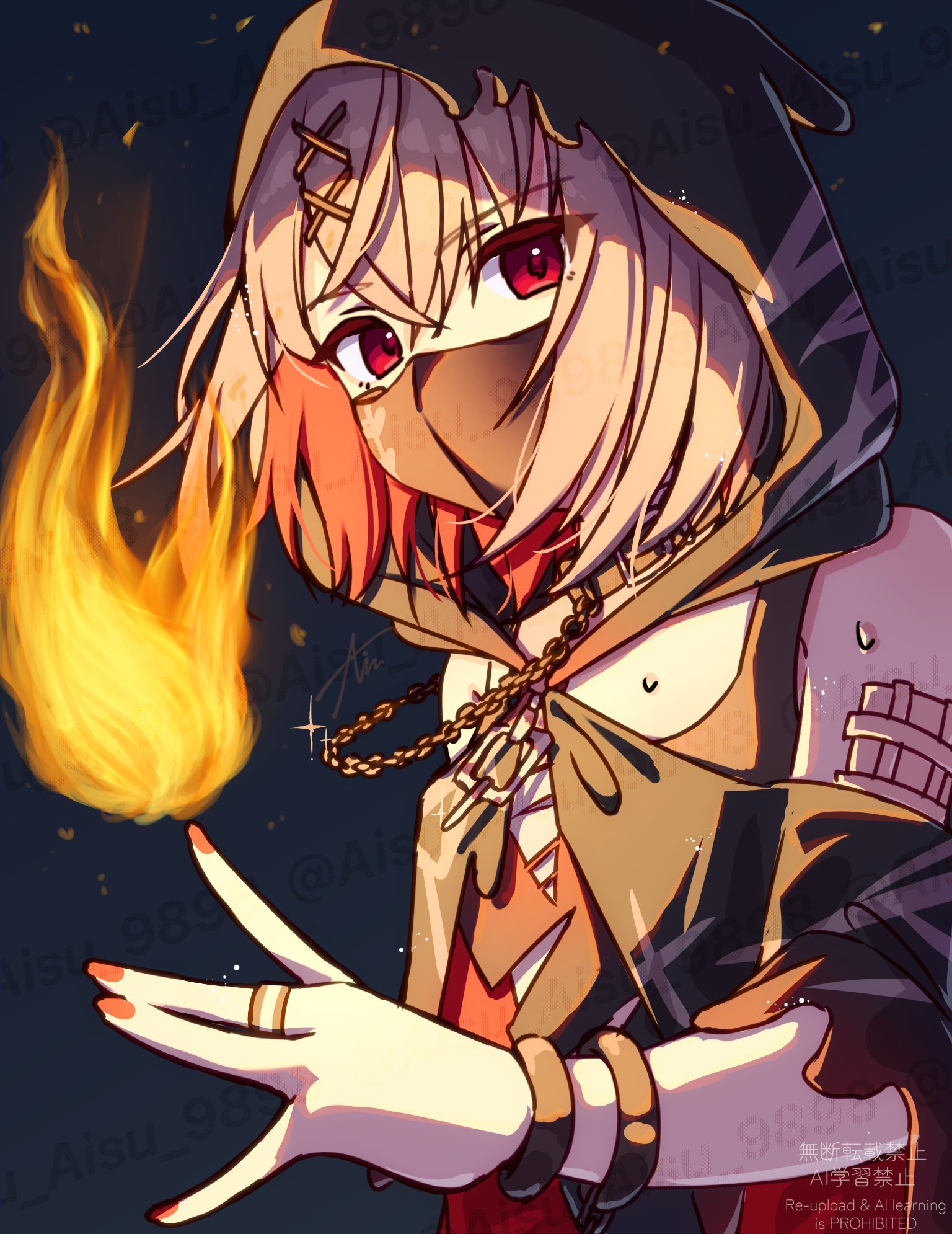 ice cream (aisu aisu 9898), mahou shoujo no majo saiban, highres, 1girl, bracelet, chain, colored inner hair, fire, gauze, grey hair, hair between eyes, hair ornament, hood, hood up, jewelry, looking at viewer, magic, magical girl, mask, mouth mask, multicolored hair, nail polish, red eyes, red nails, shitou arisa, short hair, solo, upper body, x hair ornament