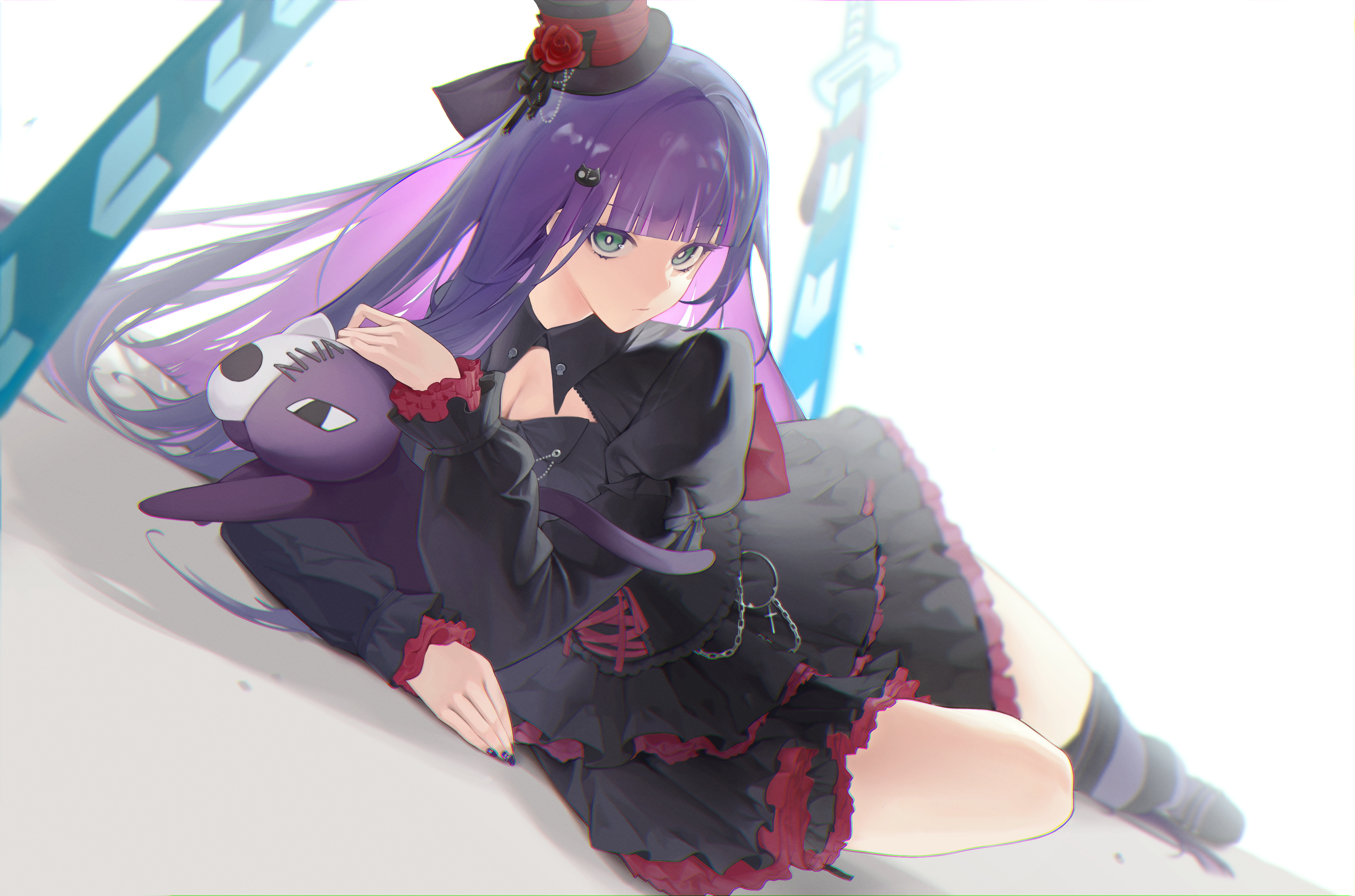 mallo825, honekoneko (psg), stocking (psg), panty & stocking with garterbelt, absurdres, highres, 1girl, alternate costume, black dress, black hat, black thighhighs, blue eyes, breasts, cat hair ornament, cleavage, cleavage cutout, closed mouth, clothing cutout, colored inner hair, dress, frilled dress, frills, hair ornament, hairpin, hat, long hair, looking at viewer, lying, medium breasts, multicolored hair, on side, pink hair, purple hair, purple nails, purple thighhighs, solo, striped clothes, striped thighhighs, thighhighs, very long hair