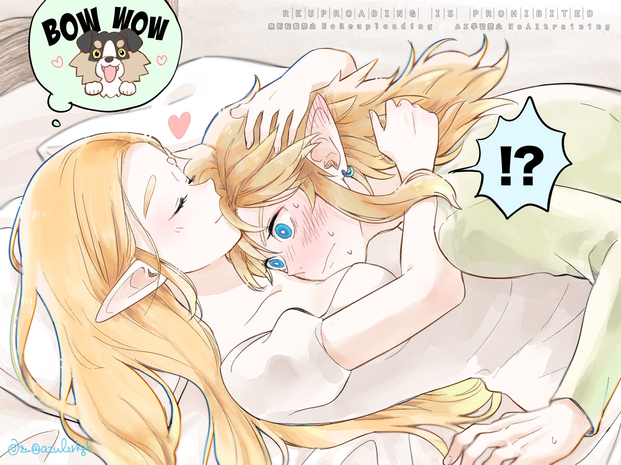 link, princess zelda, nintendo, the legend of zelda, the legend of zelda: breath of the wild, commentary request, highres, !?, 1boy, 1girl, animal, artist name, azulzrkgk, blonde hair, blue eyes, blush, breasts, cleavage, closed eyes, closed mouth, couple, dog, dress, ear blush, earrings, green shirt, hair between eyes, hand in another's hair, heart, hetero, hug, hylian retriever, image in thought bubble, jewelry, light blush, long hair, medium breasts, on bed, parted bangs, pointy ears, puffy short sleeves, puffy sleeves, shirt, short sleeves, sidelocks, smile, sound effects, spoken heart, sweatdrop, twitter username, upper body, white dress, wide-eyed