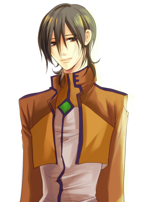 campanella shoko, shoko makiko, allelujah haptism, hallelujah haptism, gundam, gundam 00, 00s, 1boy, brown eyes, brown hair, closed mouth, jacket, light smile, looking at viewer, male focus, open clothes, open jacket, simple background, solo, white background
