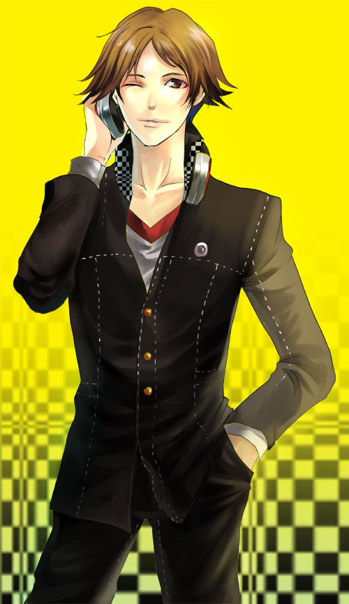 campanella shoko, shoko makiko, hanamura yousuke, atlus, persona, persona 4, 1boy, brown hair, gradient background, headphones, headphones around neck, male focus, one eye closed, short hair, solo, wink