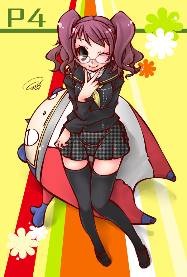 mizutama (flowering), kujikawa rise, kuma (persona 4), atlus, persona, persona 4, glasses, school uniform, serafuku, skirt, thighhighs, twintails, wink