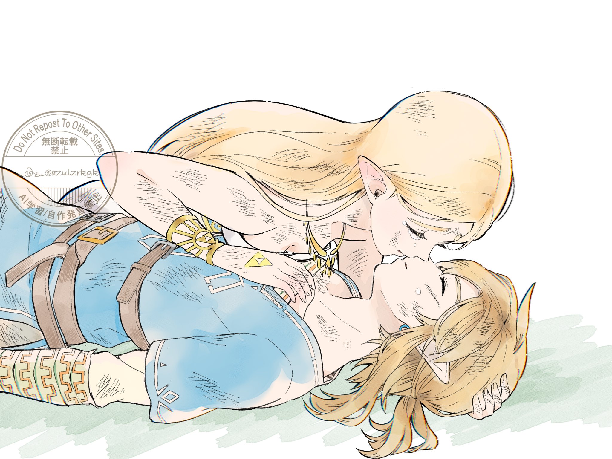 link, princess zelda, nintendo, the legend of zelda, the legend of zelda: breath of the wild, highres, 1boy, 1girl, azulzrkgk, bare shoulders, blonde hair, blue tunic, bracer, breasts, cleavage, closed eyes, couple, crying, dirty, dirty clothes, dirty face, dress, earrings, gold necklace, hair between eyes, hand in another's hair, hand on another's chest, hetero, imminent kiss, jewelry, long hair, low ponytail, medium breasts, medium hair, necklace, parted bangs, pointy ears, ponytail, shirt, sidelocks, strapless, strapless dress, tears, triforce, tunic, twitter username, upper body, white background, white dress, white shirt