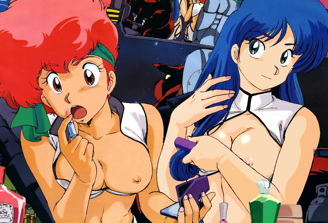 kei (dirty pair), mughi, yuri (dirty pair), dirty pair, 1980s (style), non-web source, nude filter, third-party edit, 2girls, blue hair, breasts, dressing, hair brush, lipstick, makeup, multiple girls, nipples, oldschool, red hair, retro artstyle