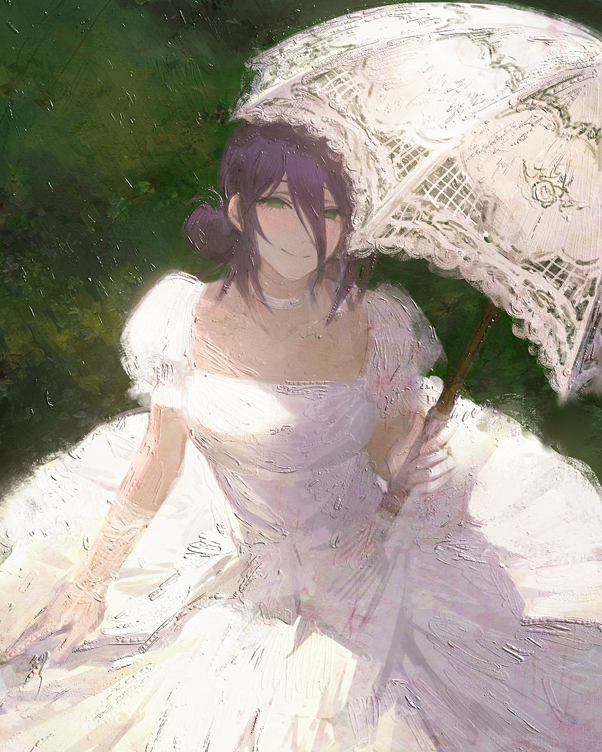 solraka, reze (chainsaw man), chainsaw man, commentary, highres, 1girl, alternate costume, blush, choker, collarbone, dress, hair between eyes, hair bun, holding, holding umbrella, long hair between eyes, single side bun, smile, solo, umbrella, white choker, white dress, white umbrella