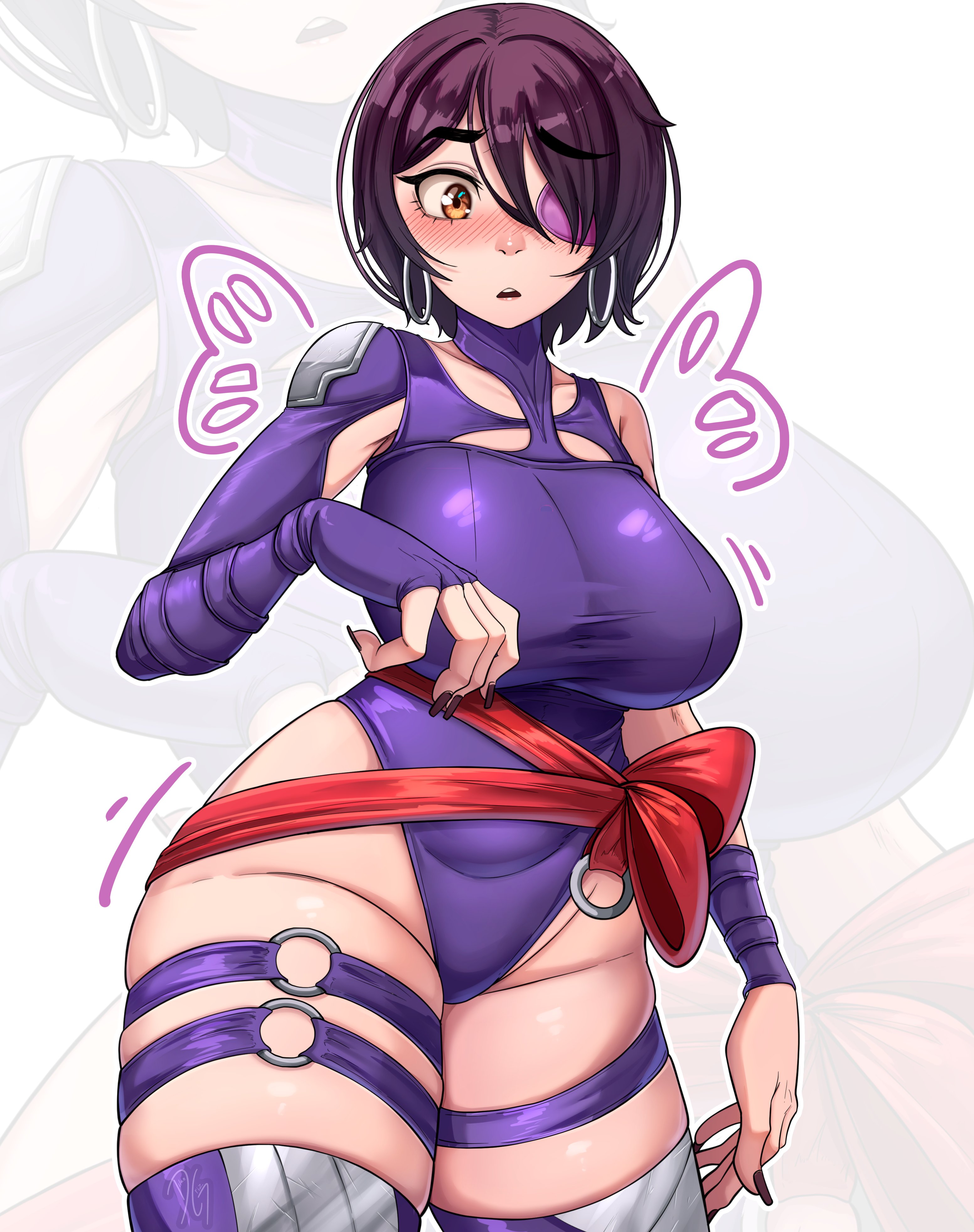 dilan griz, psylocke, marvel, marvel rivals, original, x-men, absurdres, commentary, english commentary, highres, 1girl, black nails, blush, breasts, butterfly wings, clothing cutout, cosplay, cowboy shot, curvy, drawn wings, earrings, eyepatch, fingernails, hair over one eye, halter leotard, halterneck, highleg, highleg leotard, hoop earrings, insect wings, jewelry, large breasts, leotard, looking at viewer, nail polish, no piercings, nose, o-ring, o-ring thigh strap, one eye covered, open mouth, orange eyes, psylocke (cosplay), purple hair, purple leotard, queen (dilan griz), red sash, sash, short hair, single bare shoulder, single sleeve, skindentation, solo, thick thighs, thigh strap, thighs, waist sash, white background, wings, zoom layer