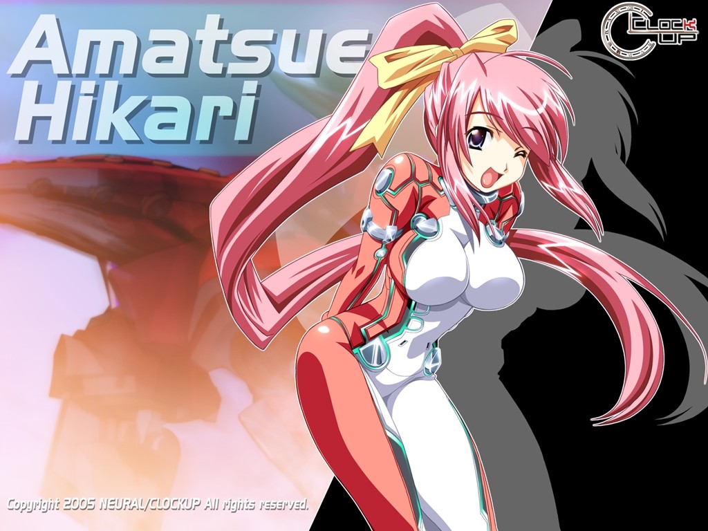 shinozuka atsuto, amatsue hikari, clockup, dyogrammaton, pilot suit, non-web source, 1girl, arms behind back, blue eyes, bodysuit, breasts, female focus, hair ribbon, large breasts, leaning forward, long hair, mecha, one eye closed, pink hair, ponytail, purple eyes, ribbon, robot, solo, very long hair, wink