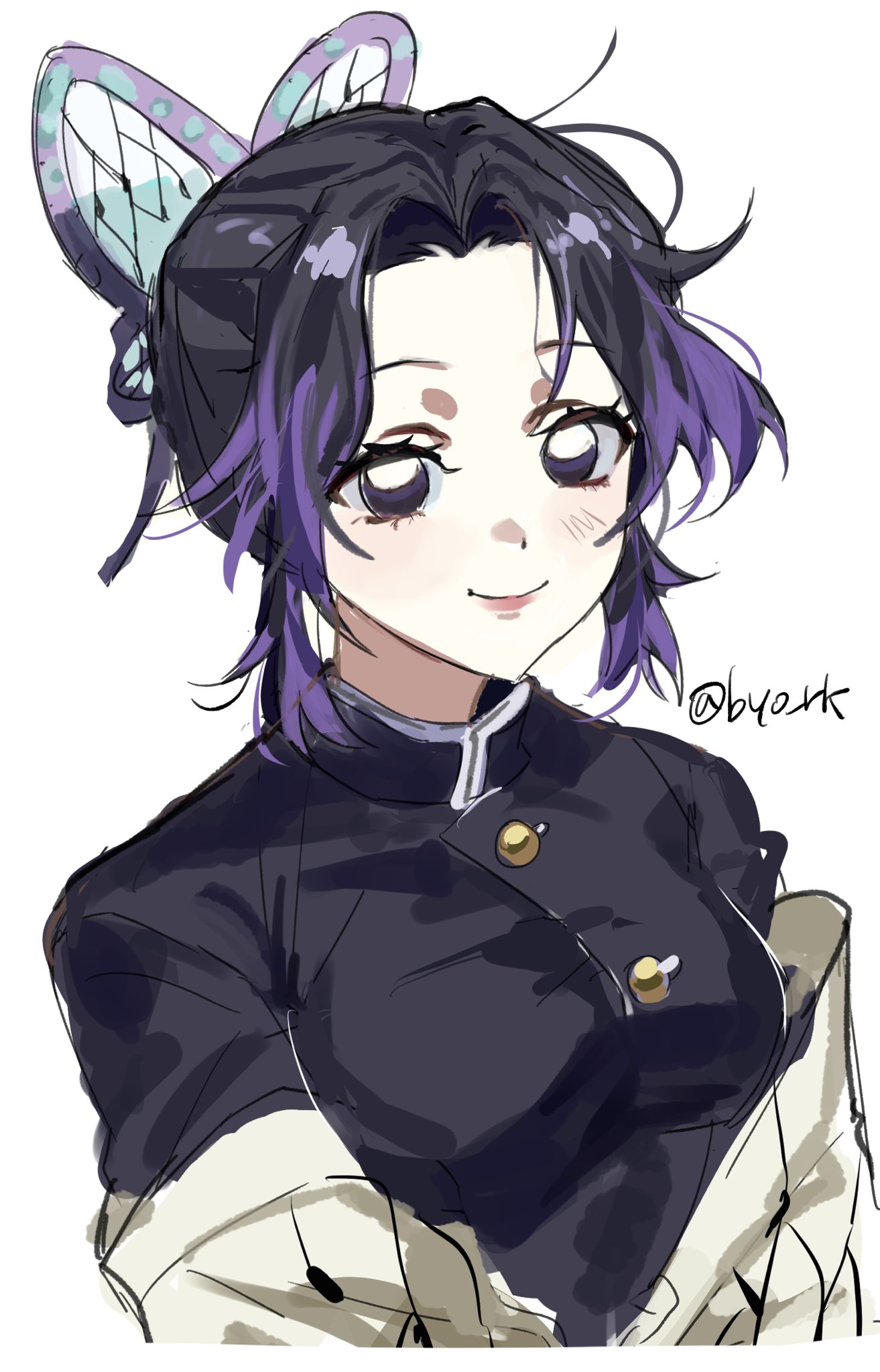 kochou shinobu, kimetsu no yaiba, highres, 1girl, animal print, black hair, black jacket, breasts, butterfly hair ornament, butterfly print, byo rk, closed mouth, demon slayer uniform, gold buttons, hair ornament, haori, jacket, japanese clothes, light blush, medium breasts, multicolored hair, parted bangs, portrait, print haori, purple hair, sidelocks, sketch, smile, solo, twitter username, two-tone hair, upper body, white background