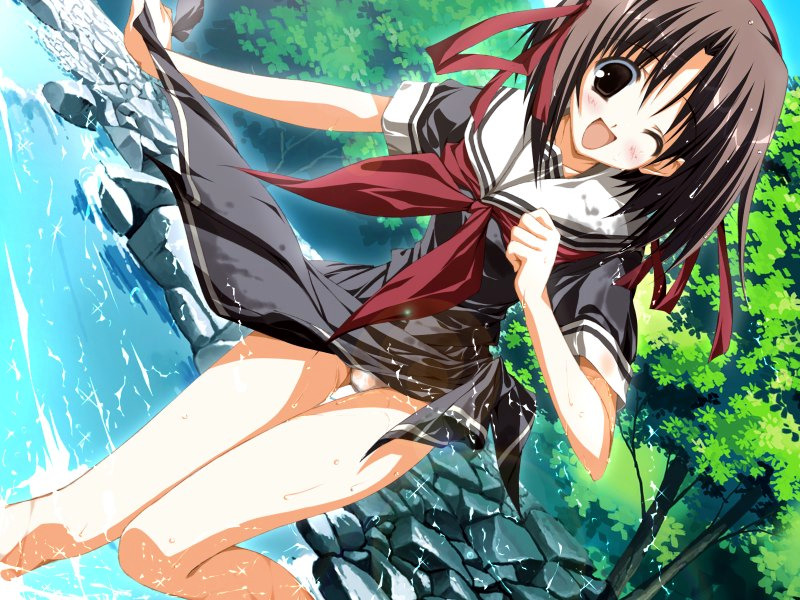 hair ribbon, one eye closed, panties, ribbon, river, rock, school uniform, serafuku, underwear, wet, wink