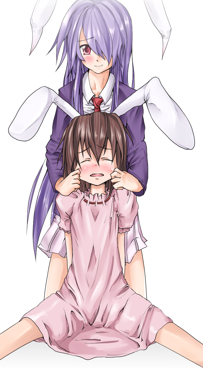 ryouma (galley), inaba tewi, reisen udongein inaba, touhou, bad id, bad pixiv id, highres, 2girls, animal ears, black hair, cheek pinching, female focus, flat chest, hair over one eye, long hair, multiple girls, pinching, purple hair, rabbit ears, short hair, simple background, sitting, spread legs, standing, white background