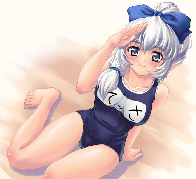 teletha testarossa, full metal panic!, tagme, 00s, 1girl, barefoot, beach, female focus, ponytail, school swimsuit, solo, swimsuit