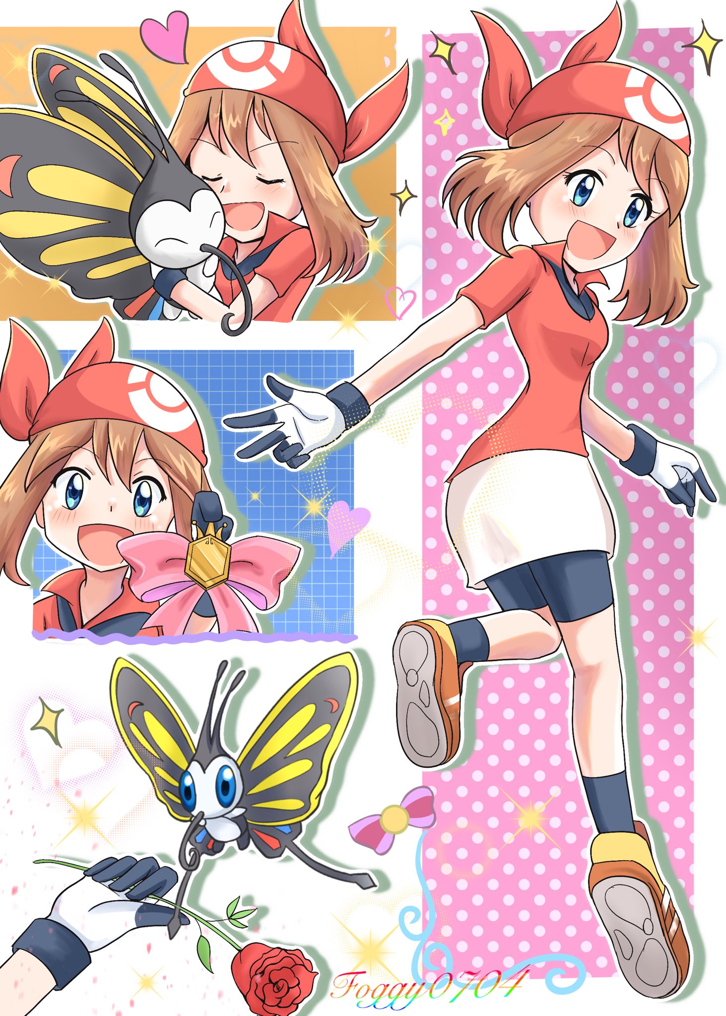 beautifly, may (pokemon), nintendo, pokemon, pokemon (anime), pokemon rse (anime), highres, bandana, bike shorts, bike shorts under shorts, brown hair, closed eyes, flower, gen 3 pokemon, heart, holding, holding flower, hug, open mouth, pokemon (creature), red bandana, red shirt, ribbon, shirt, shorts