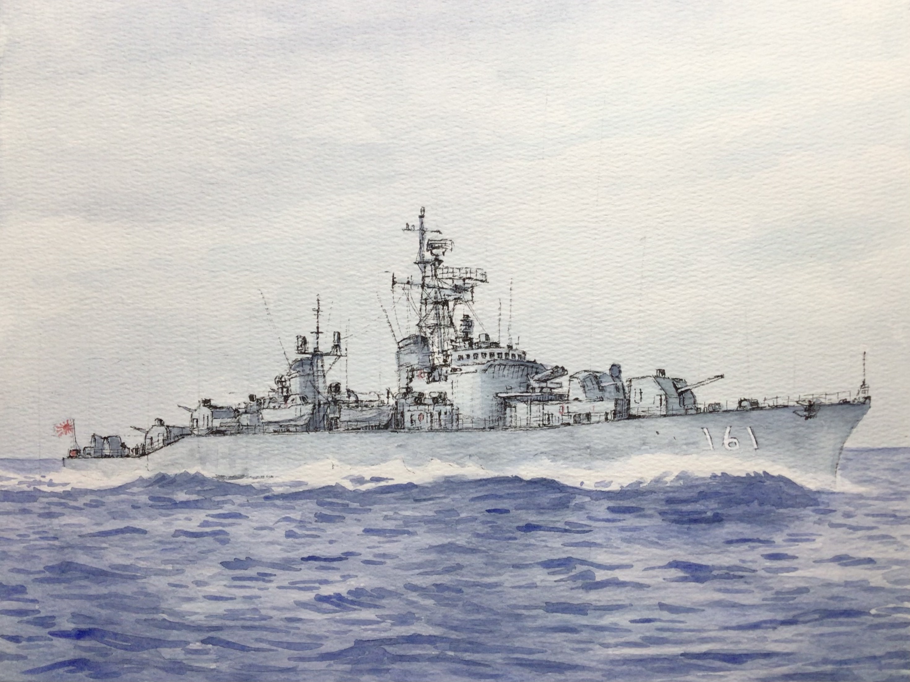 atelier bono, japan maritime self-defense force, japan self-defense force, original, commentary request, highres, painting (medium), traditional media, watercolor (medium), cannon, cloud, cloudy sky, destroyer, flag, jds akizuki (dd-161), mast, military, military vehicle, no humans, ocean, outdoors, rising sun flag, sailing, ship, ship turret, sky, smokestack, sunburst, vehicle focus, warship, watercraft, waves