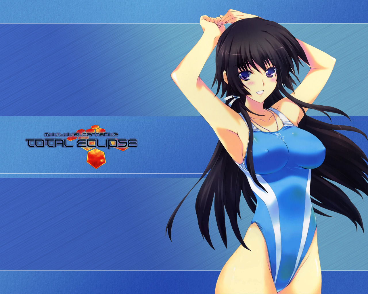 iizuki tasuku, takamura yui, muv-luv, muv-luv alternative, muv-luv total eclipse, total eclipse, non-web source, armpits, black hair, blue eyes, breasts, competition swimsuit, covered erect nipples, highleg, highleg one-piece swimsuit, large breasts, long hair, one-piece swimsuit, solo, swimsuit
