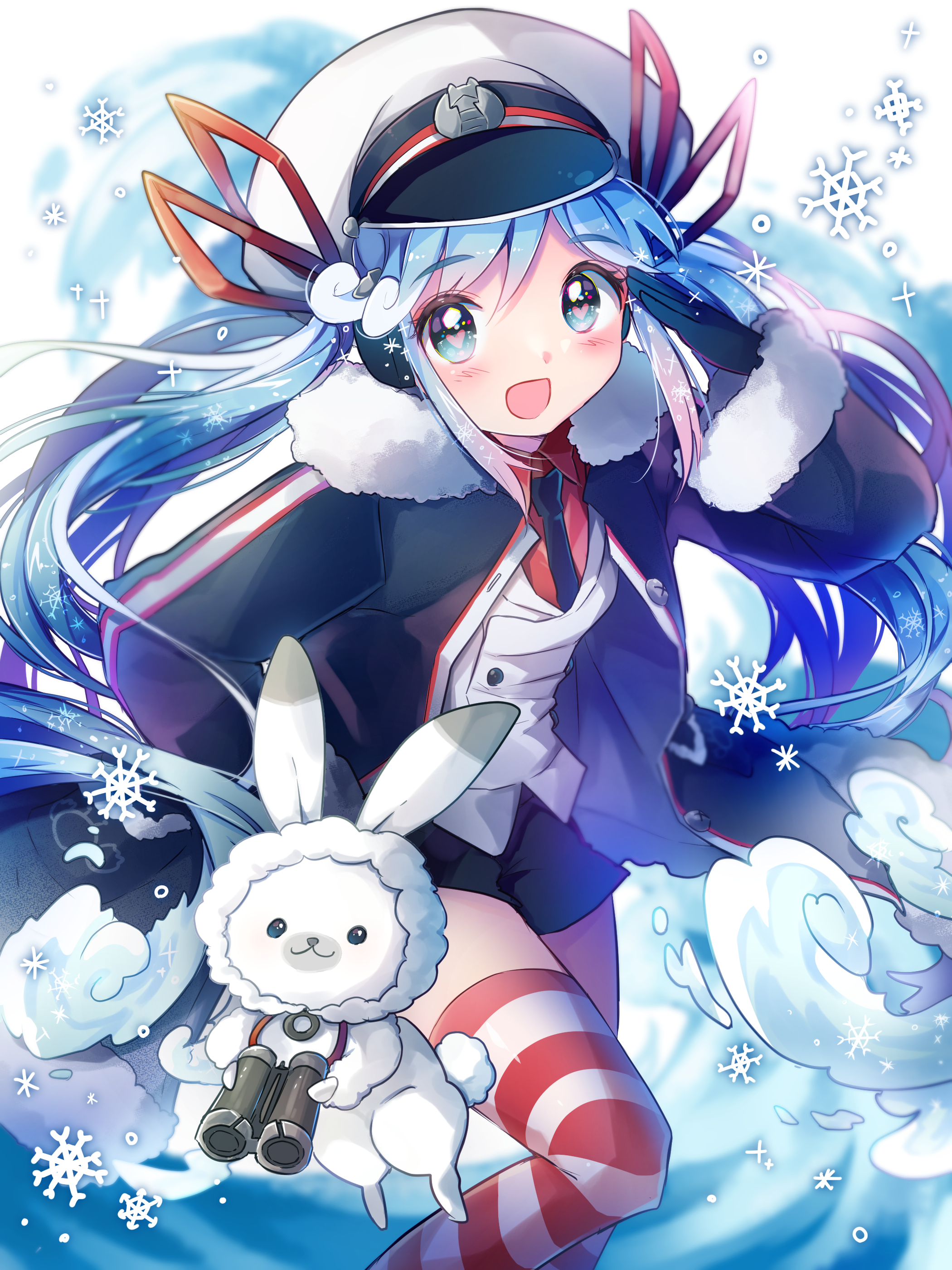 shiramori sawa, hatsune miku, rabbit yukine, yuki miku, yuki miku (2022), vocaloid, absurdres, highres, 1girl, aqua hair, arm up, binoculars, black coat, black gloves, black necktie, black shorts, blush, boots, breasts, closed mouth, coat, colored tips, crab, fur-trimmed boots, fur-trimmed coat, fur trim, gloves, gradient hair, hair between eyes, hair ornament, hair ribbon, hat, hat tip, heart, heart in eye, holding, holding binoculars, jacket, long hair, long sleeves, looking at viewer, medium breasts, multicolored hair, necktie, official alternate costume, official alternate hairstyle, open mouth, peaked cap, rabbit, red hair, red ribbon, red shirt, ribbon, sailor hat, shirt, short shorts, shorts, smile, striped clothes, striped thighhighs, symbol in eye, thick thighs, thighhighs, thighs, twintails, very long hair, white hair, white jacket