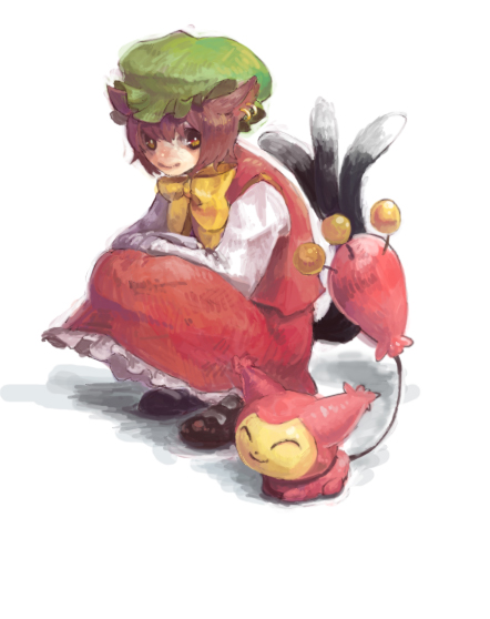 eneco, chen, skitty, nintendo, pokemon, touhou, 1girl, animal ears, brown eyes, brown hair, cat, cat ears, cat tail, crossover, earrings, gen 3 pokemon, hat, jewelry, multiple tails, pokemon (creature), ribbon, short hair, tail