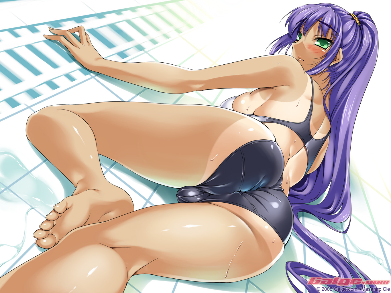 cle masahiro, galge.com, shower, source request, 00s, 1girl, 2008, ass, barefoot, blush, breasts, cameltoe, competition swimsuit, fat mons, feet, green eyes, huge ass, large breasts, long hair, long toenails, looking back, lying, on stomach, one-piece swimsuit, one-piece tan, perspective, ponytail, poolside, purple hair, pussy, skindentation, soles, sweat, swimsuit, tan, tanline, thick thighs, thighs, tight clothes, tile floor, tiles, toenails, toes, very long hair, water, wedgie, wet
