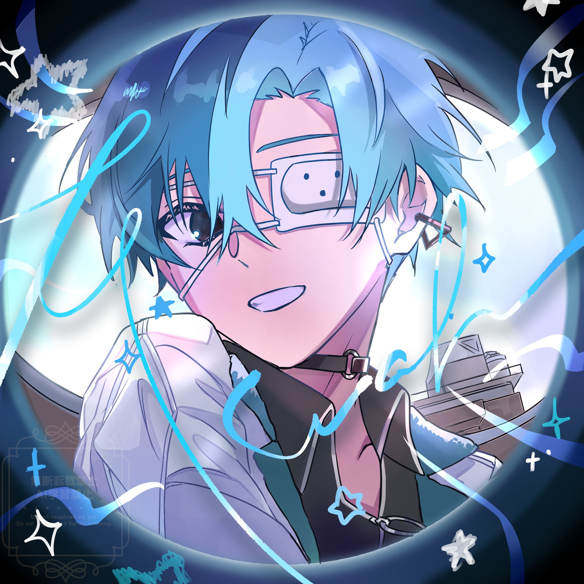 aoyagi touya, monitoring (vocaloid), project sekai, commentary request, highres, 1boy, black choker, blue hair, chako (chaaaaa 1001), choker, clenched teeth, collared shirt, ear piercing, eyepatch, looking at viewer, male focus, multicolored hair, official alternate costume, official alternate hairstyle, one eye covered, piercing, shirt, short hair, smile, solo, sparkle, split-color hair, teeth, two-tone hair, upper body, whip the wimp girl!! (project sekai)