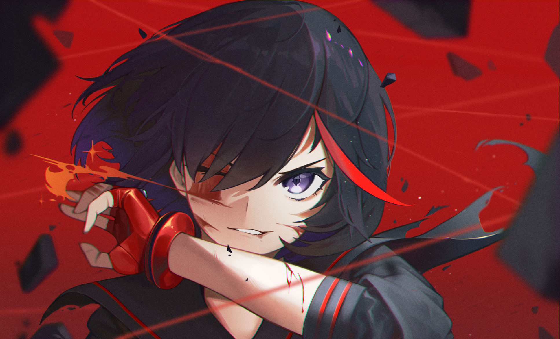 mallo825, matoi ryuuko, kill la kill, highres, 1girl, black hair, black sailor collar, black shirt, blood, blood on arm, blood on face, closed mouth, fingerless gloves, gloves, looking at viewer, multicolored hair, one eye closed, purple eyes, red background, red gloves, red hair, sailor collar, shirt, solo, streaked hair