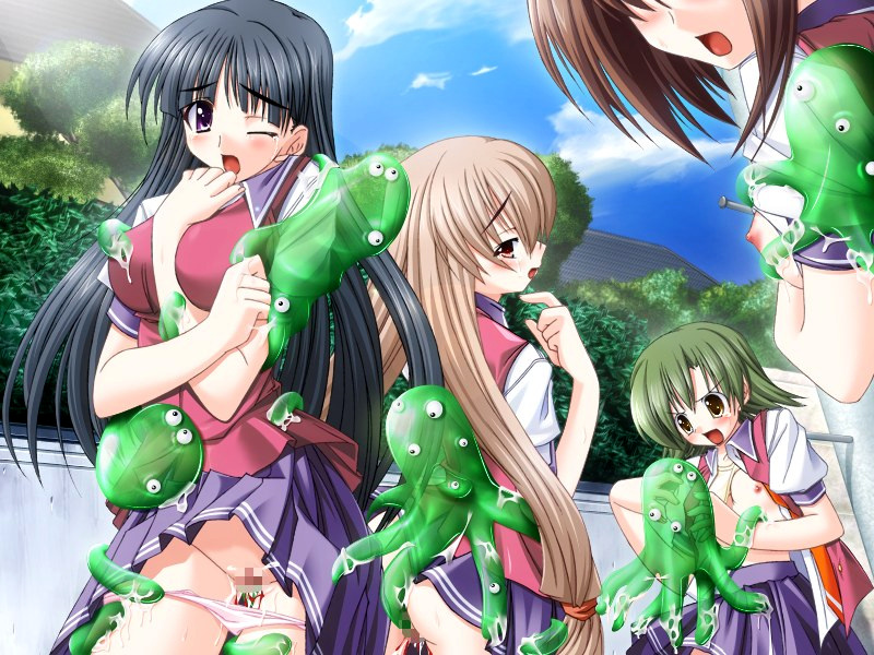 slime, 4girls, censored, clothes lift, defloration, flat chest, long hair, monster, multiple girls, one eye closed, open clothes, open shirt, school uniform, serafuku, shirt, skirt, skirt lift, tentacles, wink