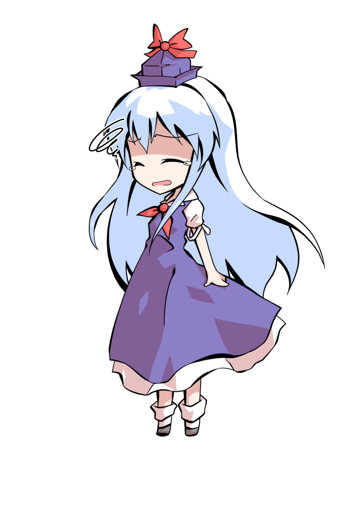 dairi, kamishirasawa keine, touhou, commentary request, large variant set, variant set, 1girl, blue dress, blue hair, blue hat, chibi, chibi only, dress, full body, grey shoes, hat, long hair, neckerchief, red neckerchief, shirt, shoes, short sleeves, socks, solo, tachi-e, transparent background, white shirt, white socks