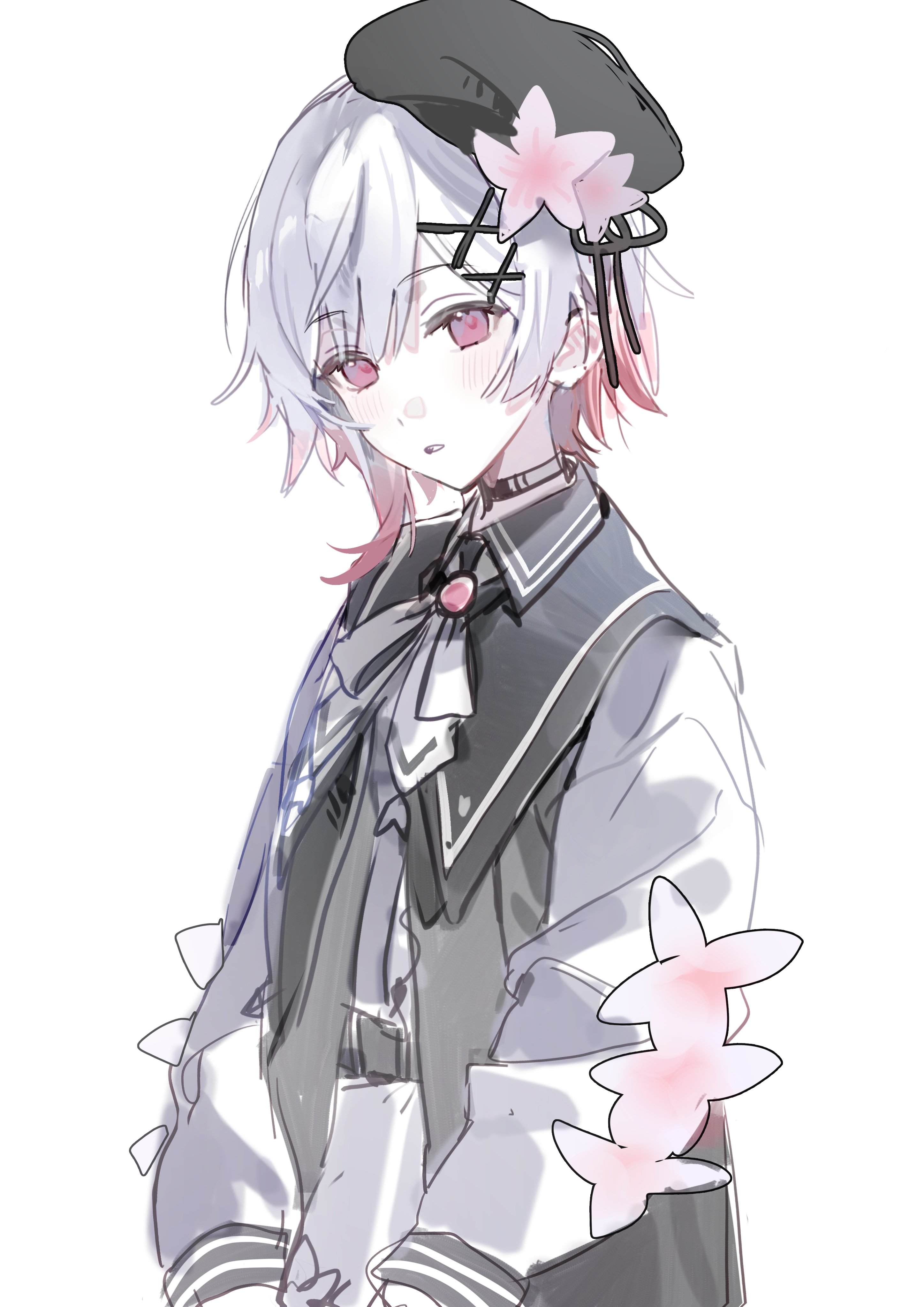flatshi, sakuraba ema, mahou shoujo no majo saiban, absurdres, commentary request, highres, 1girl, beret, black choker, black dress, black hat, choker, cowboy shot, dress, flower, gradient hair, hair ornament, hat, hat flower, long sleeves, looking at viewer, magical girl, multicolored hair, neck ribbon, pink eyes, ribbon, short hair, simple background, solo, standing, white background, white flower, white hair, white ribbon, x hair ornament