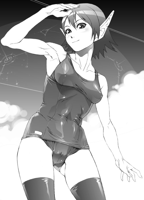 pierre norano, karen erra, phantasy star, phantasy star universe, sega, 1girl, arm up, bare shoulders, breasts, cameltoe, covered erect nipples, female focus, grey theme, greyscale, hand over eyes, light smile, looking at viewer, looking down, monochrome, navel, one-piece swimsuit, pointy ears, school swimsuit, shiny clothes, short hair, small breasts, solo, standing, swimsuit, thighhighs, toned, toned female