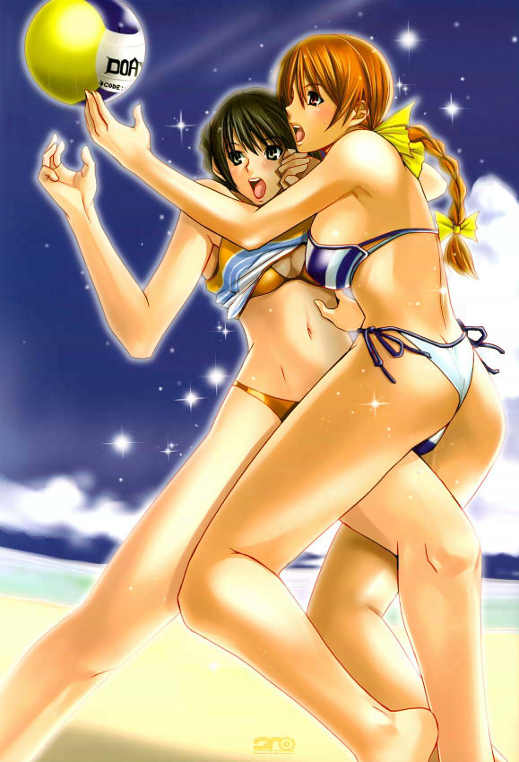 ohshima ryo, ooshima ryou, kasumi (doa), lei fang, dead or alive, tecmo, 2girls, ass, ball, barefoot, beach, beach volleyball, bikini, black eyes, blush, braid, breasts, brown eyes, butt crack, day, feet, female focus, green hair, large breasts, leg between thighs, long hair, multiple girls, navel, open mouth, orange hair, outdoors, side-tie bikini bottom, soles, striped bikini, striped clothes, swimsuit, tongue, volleyball, volleyball (object), wedgie