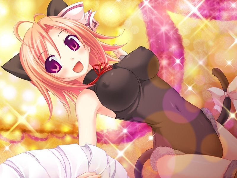 fumizuki yukari, mitsutsuji erina, shiru shiru!! ~shiofuki ojou-sama wa h sugimasu~, 1girl, animal ears, black leotard, black thighhighs, blush, breasts, cat ears, cat girl, cat tail, covered erect nipples, fake animal ears, fake tail, female focus, fur-trimmed legwear, fur-trimmed thighhighs, fur trim, hair ribbon, large breasts, leotard, looking at viewer, neck ribbon, open mouth, orange hair, pantyhose, pink eyes, red ribbon, ribbon, short hair, skin tight, sleeveless, smile, solo, sparkle, standing, tail, thighhighs, turtleneck, white ribbon, yellow background