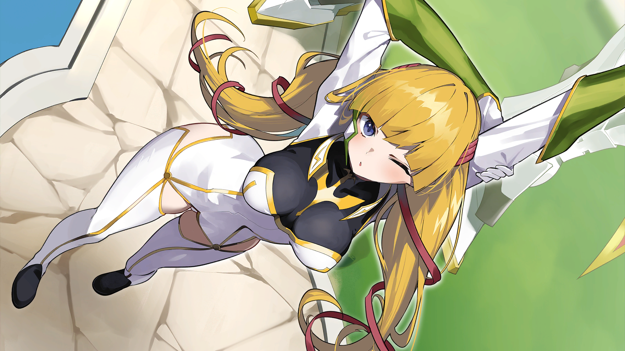 monica kruszewski, code geass, code geass: genesic re;code, highres, non-web source, official art, 1girl, blonde hair, blue eyes, blunt bangs, blush, breasts, from above, grass, hair ribbon, large breasts, long hair, mecha pilot suit, one eye closed, red ribbon, ribbon, smile, solo, stretching, twintails