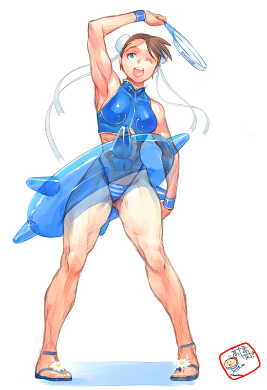 takahashi kenji, chun-li, capcom, street fighter, 1girl, armpits, arms up, artist name, bikini, blue bikini, blue eyes, breasts, brown hair, bun cover, double bun, female focus, hair bun, happy, innertube, muscular, muscular female, no socks, one eye closed, sandals, signature, small breasts, solo, striped bikini, striped clothes, swim ring, swimsuit, thick thighs, thighs, wink