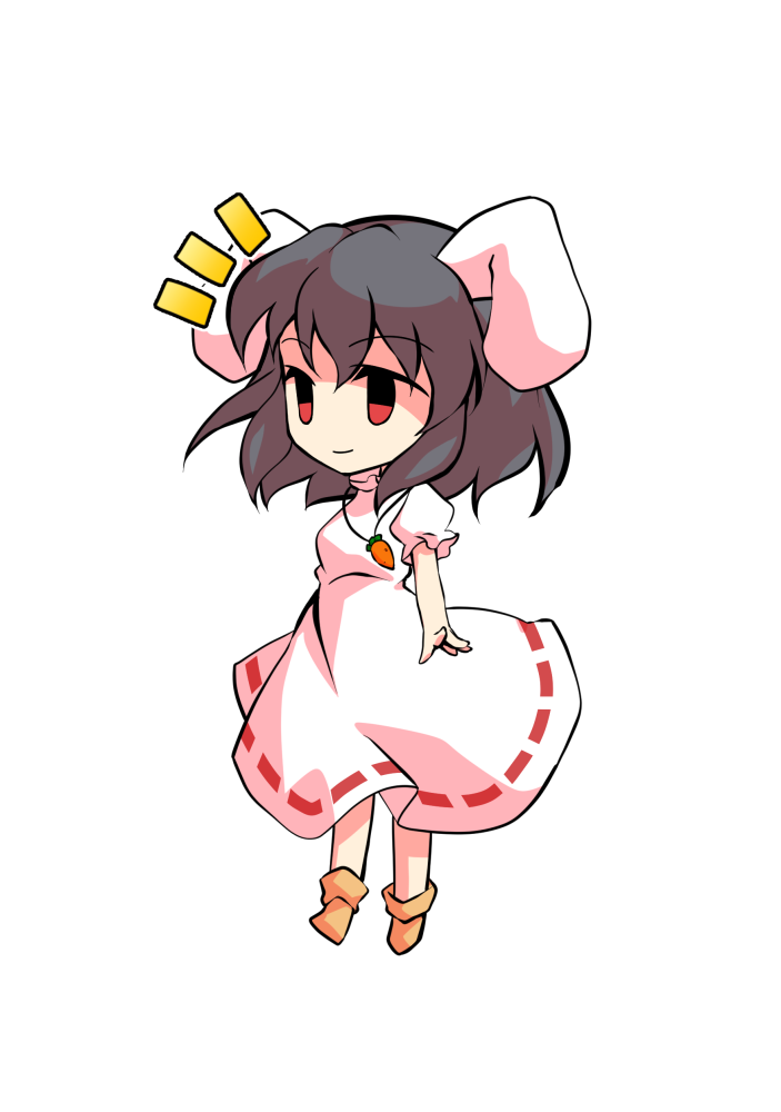 dairi, inaba tewi, touhou, commentary request, large variant set, variant set, 1girl, animal ears, black hair, breasts, carrot necklace, chibi, chibi only, dress, full body, hair between eyes, jewelry, medium hair, necklace, orange socks, puffy short sleeves, puffy sleeves, rabbit ears, rabbit girl, short sleeves, socks, solo, tachi-e, transparent background, white dress