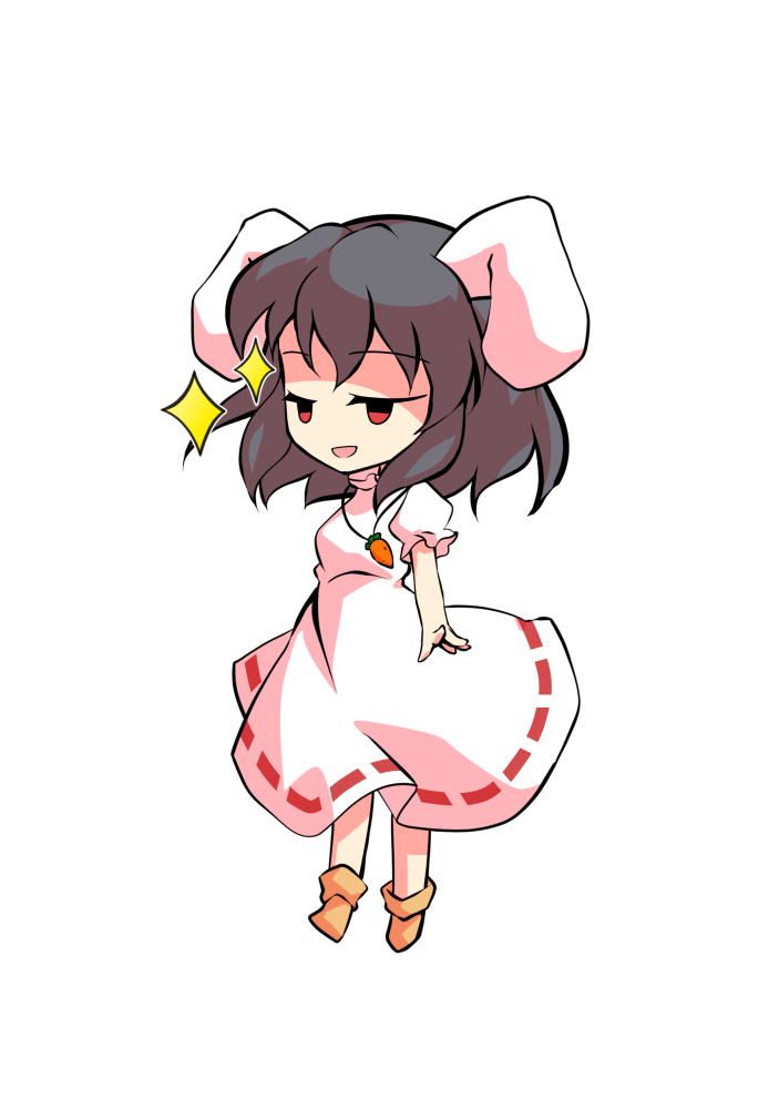 dairi, inaba tewi, touhou, commentary request, large variant set, variant set, 1girl, animal ears, black hair, breasts, carrot necklace, chibi, chibi only, dress, full body, hair between eyes, jewelry, medium hair, necklace, orange socks, puffy short sleeves, puffy sleeves, rabbit ears, rabbit girl, short sleeves, socks, solo, tachi-e, transparent background, white dress