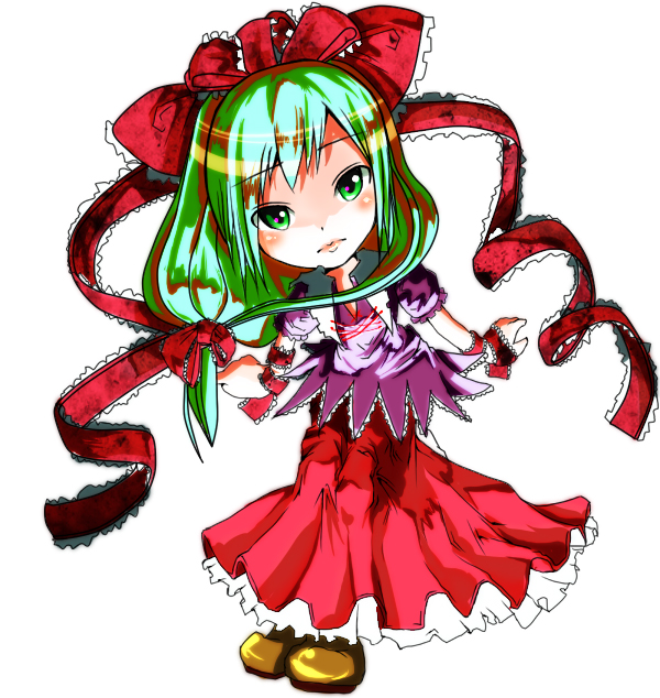 yae (mono110), kagiyama hina, touhou, 1girl, bow, chibi, female focus, front ponytail, green eyes, green hair, matching hair/eyes, solo