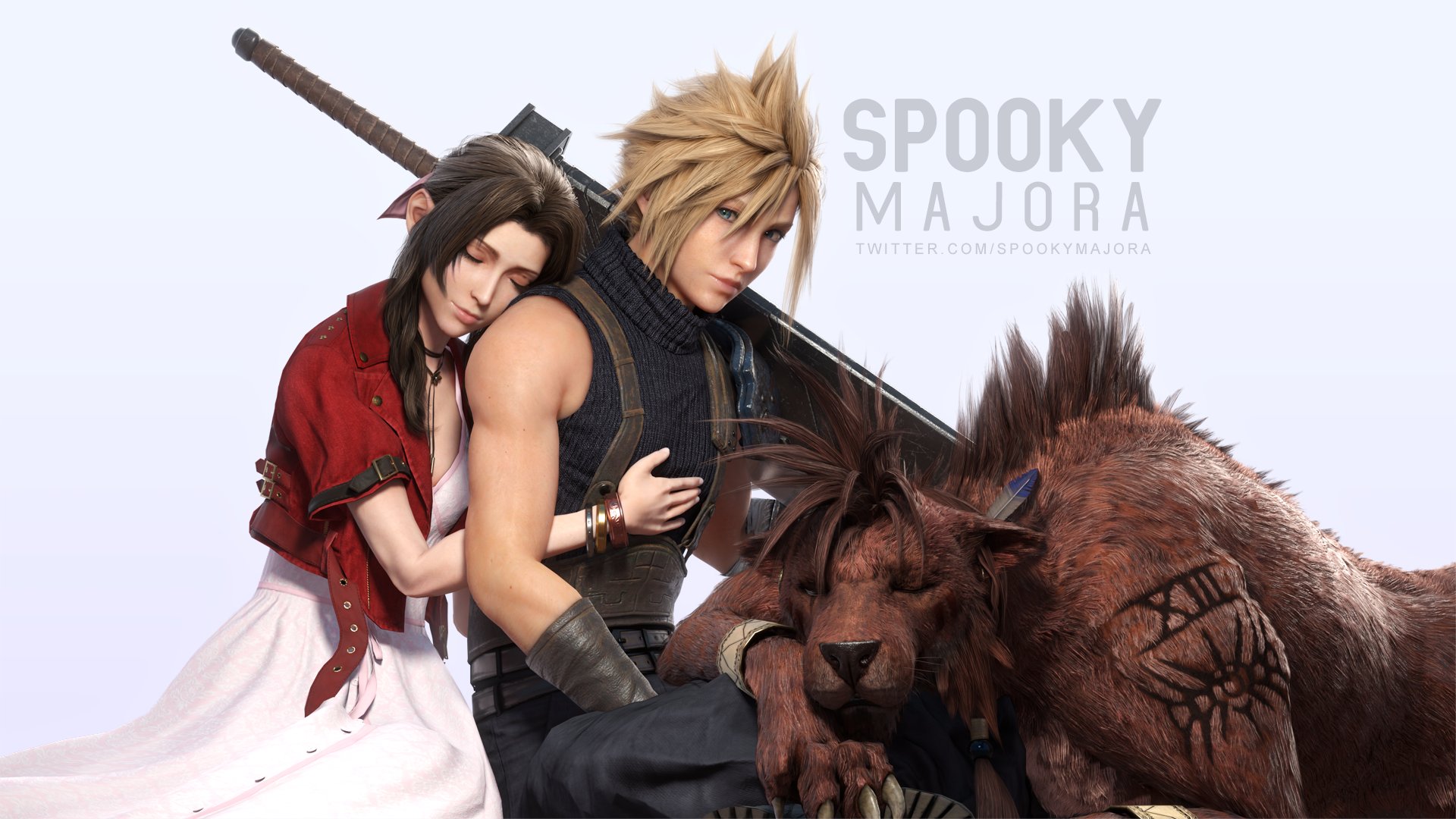 zain rehman, aerith gainsborough, cloud strife, red xiii, final fantasy, final fantasy vii, final fantasy vii remake, highres, 1boy, 1girl, 3d, animal, armor, artist name, bangle, belt, black gloves, black pants, black shirt, blonde hair, blue eyes, body markings, boots, bracelet, brown belt, brown hair, buster sword, choker, claws, closed eyes, couple, cropped jacket, dress, feather hair ornament, feathers, flower choker, gloves, hair between eyes, hair ornament, hand on another's chest, hetero, hug, hug from behind, jacket, jewelry, lap pillow, light smile, long dress, long hair, multiple belts, pants, parted bangs, pauldrons, pink dress, red jacket, scar, scar across eye, scar on face, shirt, short hair, short sleeves, shoulder armor, sidelocks, single bare shoulder, single pauldron, sitting, sleeveless, sleeveless turtleneck, spiked hair, suspenders, turtleneck, twitter username