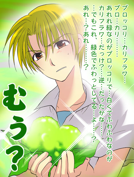 suzuragi karin, houjou satoshi, higurashi no naku koro ni, non-web source, translation request, 00s, 1boy, blonde hair, brown eyes, cauliflower, gradient background, male focus, plant, solo, upper body