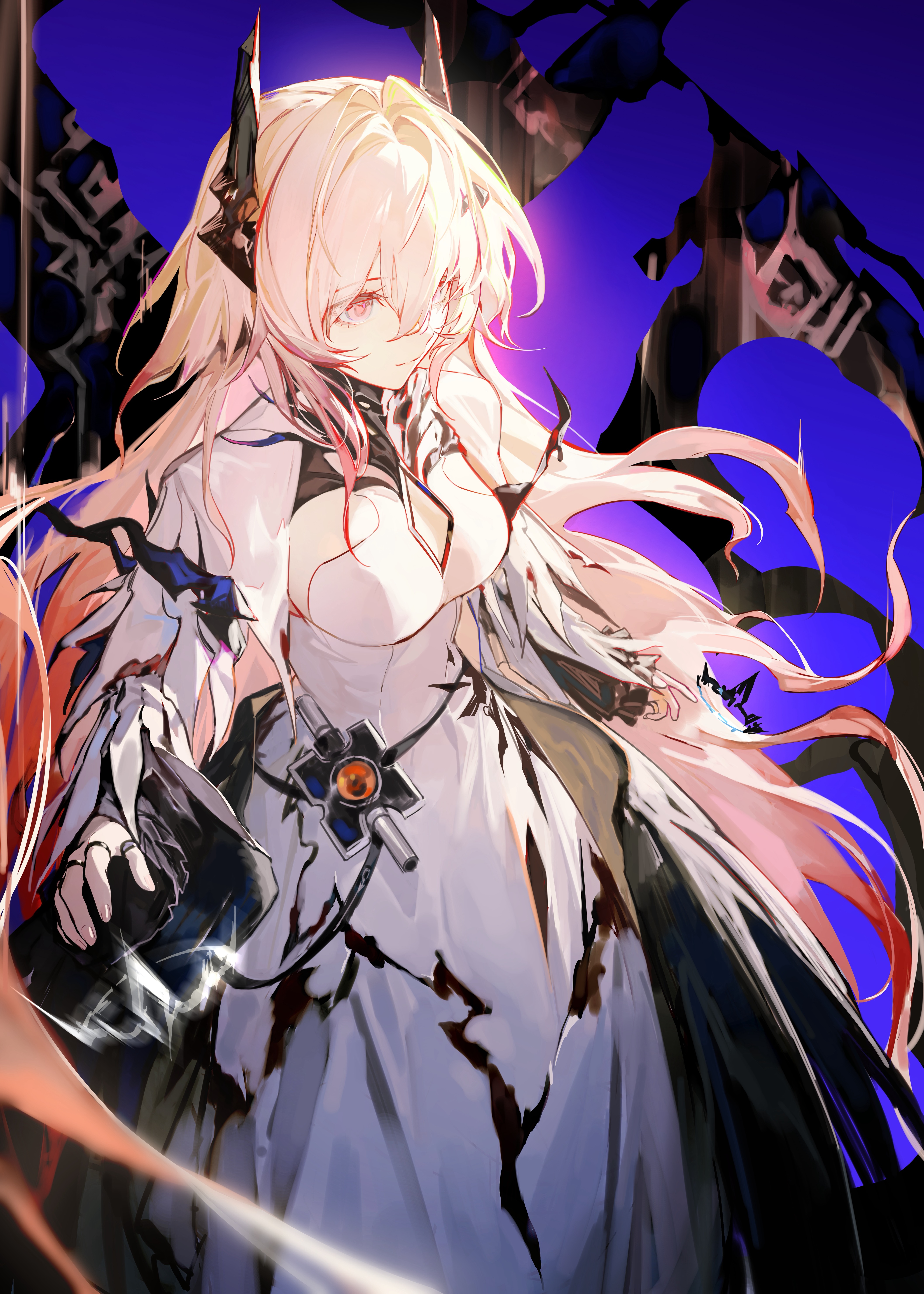 dooduck, theresa (arknights), arknights, absurdres, hashtag-only commentary, highres, 1girl, black dress, black horns, breasts, capelet, cleavage cutout, clothing cutout, dress, horns, jewelry, layered dress, long hair, long sleeves, multiple rings, pink eyes, pink hair, ring, sideboob cutout, solo, two-tone dress, white capelet, white dress