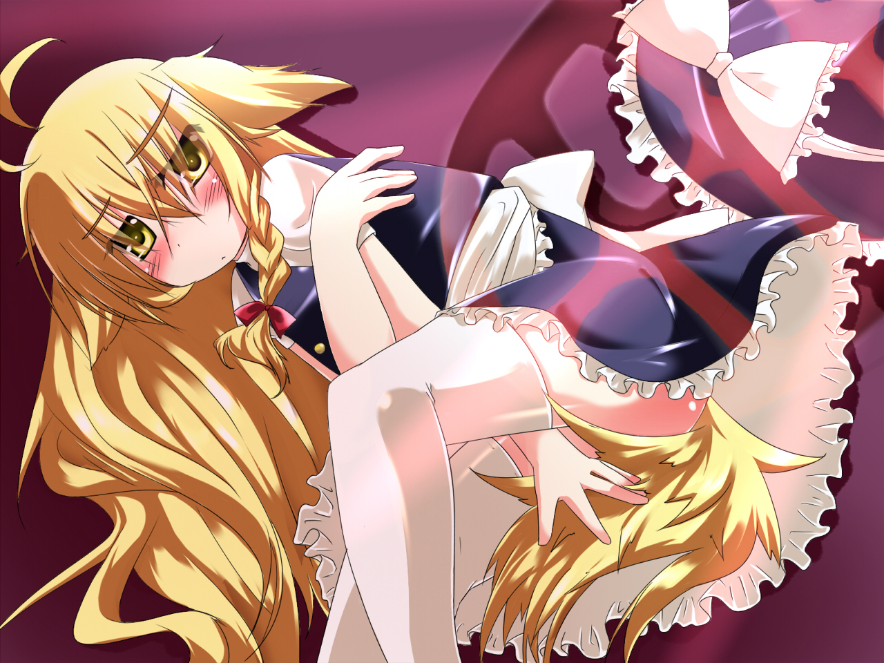 alfred (artist), kirisame marisa, touhou, 1girl, animal ears, blonde hair, blush, braid, dog ears, female focus, hairdressing, hat, long hair, maid, ribbon, solo, tail, thighhighs, yellow eyes