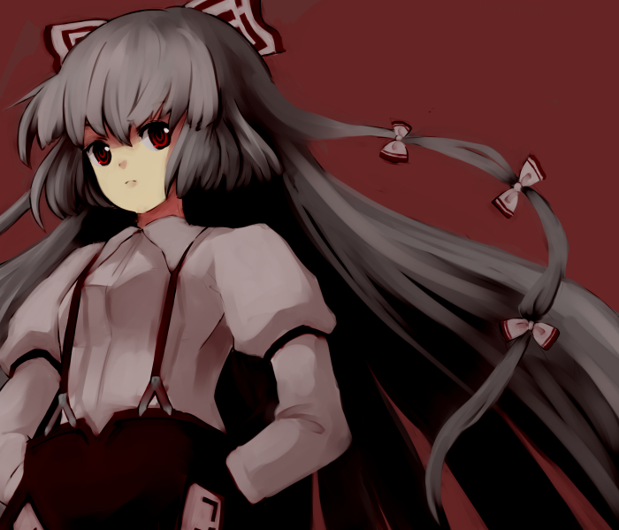 shigu, fujiwara no mokou, touhou, bad id, bad pixiv id, 1girl, black hair, female focus, hair tie, long hair, red eyes, ribbon, simple background, solo, standing, suspenders