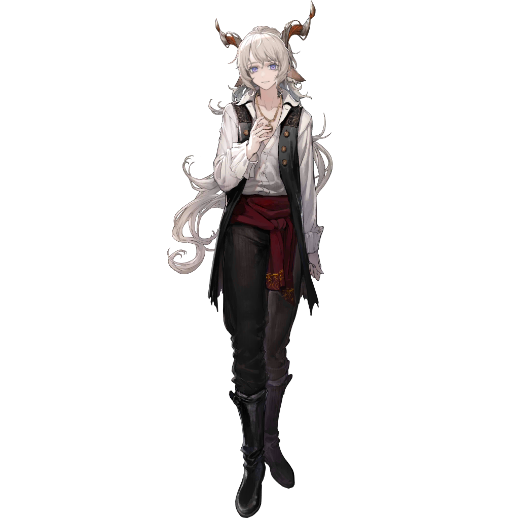 ryuuzaki ichi, kreide (arknights), arknights, official art, third-party source, 1boy, animal ears, belt, black boots, black vest, boots, closed mouth, curled horns, curly hair, full body, hand on own chest, horns, jewelry, knee boots, long hair, long sleeves, open clothes, open vest, pants, partially unbuttoned, pendant, purple eyes, red belt, sheep boy, sheep ears, sheep horns, shirt, standing, swept bangs, tachi-e, transparent background, vest, waistcoat, white hair, white shirt