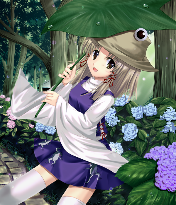 cetera, moriya suwako, touhou, 1girl, blonde hair, female focus, flower, forest, hair ornament, hairclip, hat, nature, outdoors, plant, ribbon, skirt, socks, solo, thighhighs, yellow eyes