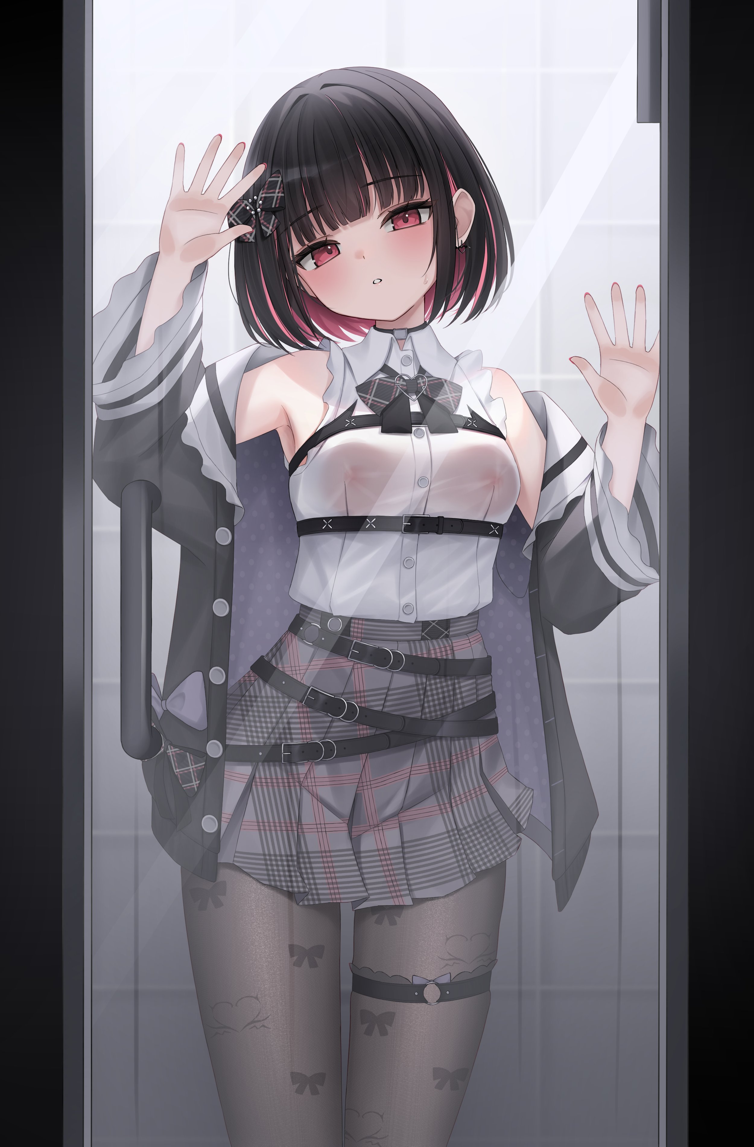 twinn 22, rikotan (vtuber), indie virtual youtuber, absurdres, commentary, highres, symbol-only commentary, 1girl, against glass, animal ears, belt, black belt, black hair, black jacket, blush, bow, bowtie, breasts, cat ears, collared shirt, colored inner hair, covered erect nipples, grey skirt, jacket, jewelry, looking at viewer, multicolored hair, pantyhose, pink hair, plaid bow, plaid bowtie, plaid clothes, plaid skirt, red eyes, see-through clothes, shirt, short hair, skirt, sleeveless, sleeveless shirt, solo, two-tone hair, white shirt