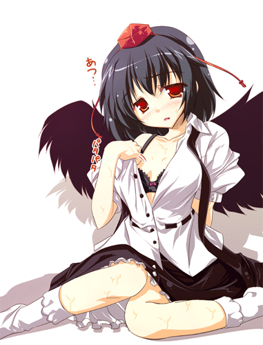 natsuki (pixiv 3305), natsuki shuri, shameimaru aya, touhou, lowres, 1girl, black hair, black wings, blush, bra, female focus, hat, lingerie, necktie, open clothes, open shirt, red eyes, shirt, short hair, skirt, socks, solo, sweat, tokin hat, underwear, wet, white shirt, wings