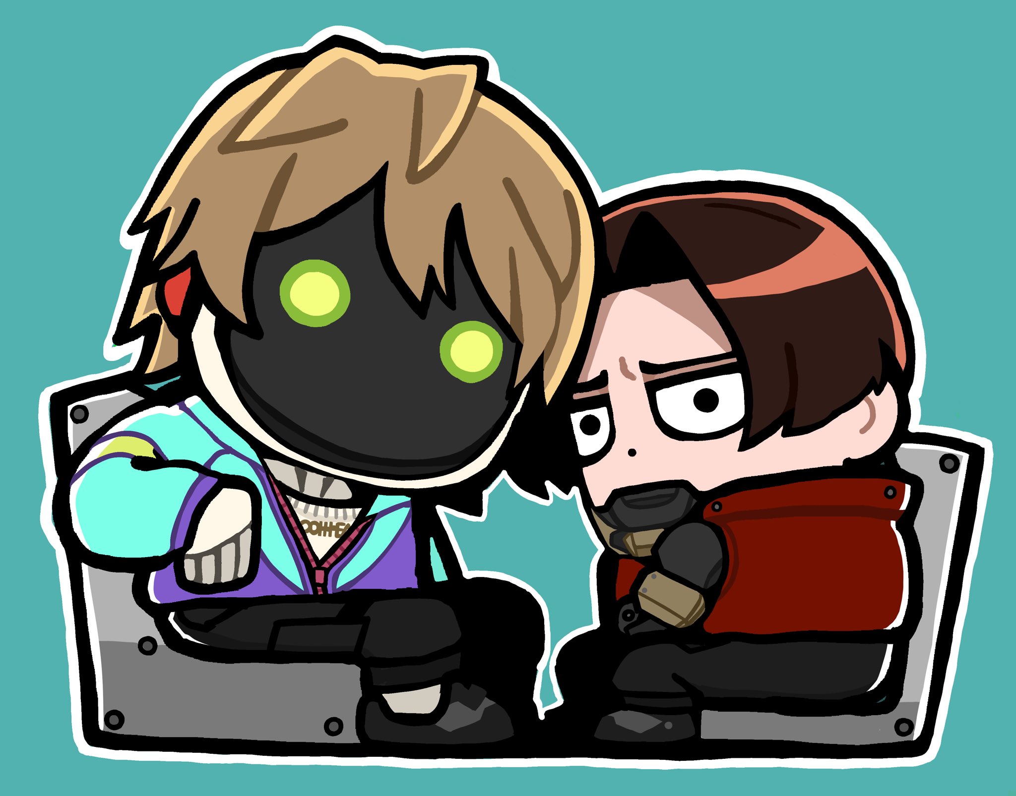 bkub, character request, copyright request, highres, 2boys, black eyes, black pants, black shoes, brown hair, chibi, chibi only, full body, green background, jacket, long sleeves, male focus, multiple boys, pants, purple jacket, red jacket, robot, shoes, short hair, simple background, sitting