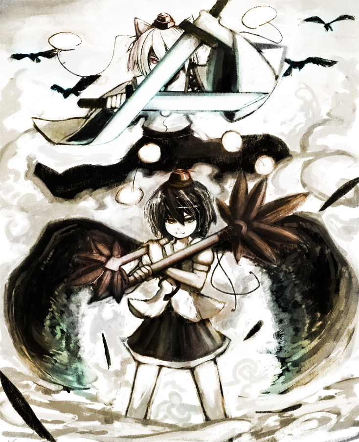 kuro (catcap), inubashiri momiji, kamin, shameimaru aya, touhou, bad id, bad pixiv id, 2girls, animal ears, bird, black wings, crow, female focus, hat, multiple girls, shaemiamru aya, skirt, sword, weapon, wings, wolf ears