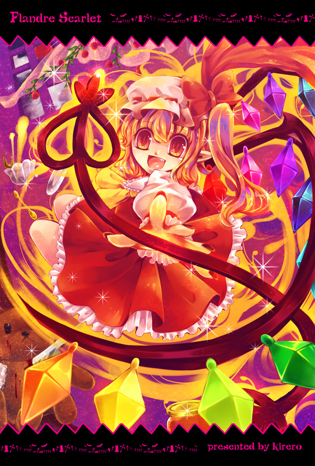 kirero, flandre scarlet, touhou, 1girl, blonde hair, crystal, female focus, frills, hat, mob cap, open mouth, puffy short sleeves, puffy sleeves, short hair, short sleeves, side ponytail, solo, wings
