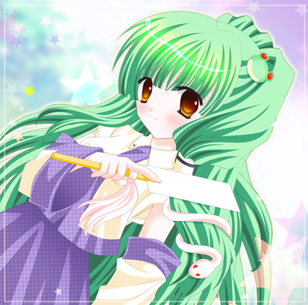 oreiro, kochiya sanae, touhou, bad id, bad pixiv id, lowres, 1girl, female focus, frog, green hair, japanese clothes, long hair, miko, snake, solo, standing, yellow eyes