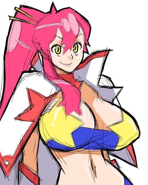 murata (acid-head), space yoko, yoko littner, tengen toppa gurren lagann, 00s, 1girl, bandeau, breasts, cleavage, female focus, large breasts, long hair, midriff, pink hair, ponytail, sketch, solo, strapless, tube top, yellow eyes