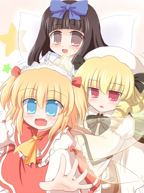 ry (yagoyago), luna child, star sapphire, sunny milk, perfect memento in strict sense, touhou, 3girls, blush, bow, bowtie, female focus, mary janes, multiple girls, shoes, wings